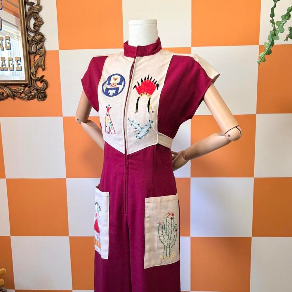 70s Vintage Maroon Beige Southwestern Embroidered Wide Leg Jumpsuit - Picture 2 of 7